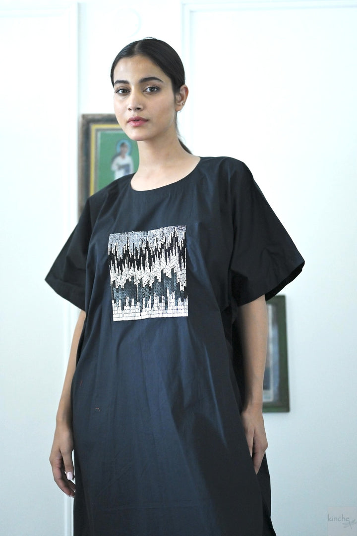 Kia, Cotton Poplin Cocoon Maxi Dress with Glass Beads Hand Embroidery, Black