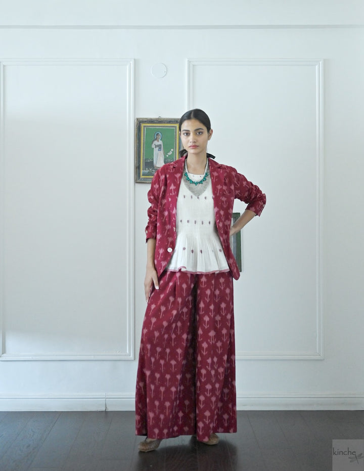 Beirut, Handwoven Ikat Fabric Cotton Blazer with  Deep Red Flared Pants