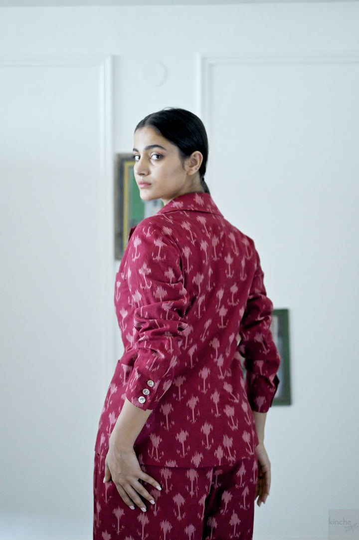 Beirut, Handwoven Ikat Fabric Cotton Blazer with  Deep Red Flared Pants
