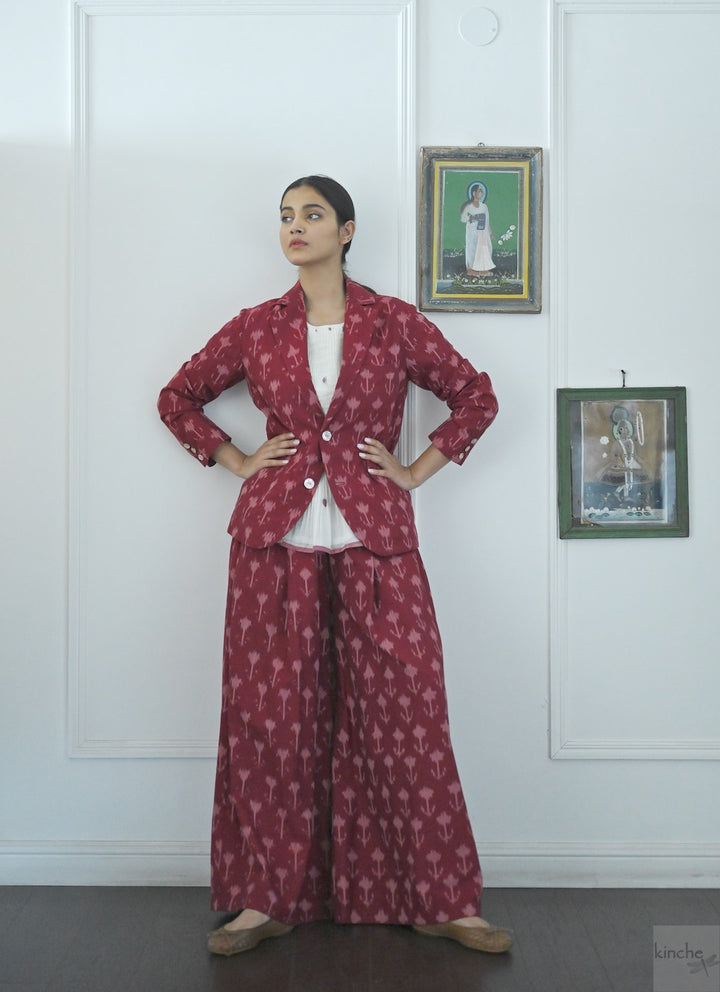 Beirut, Handwoven Ikat Fabric Cotton Blazer with  Deep Red Flared Pants