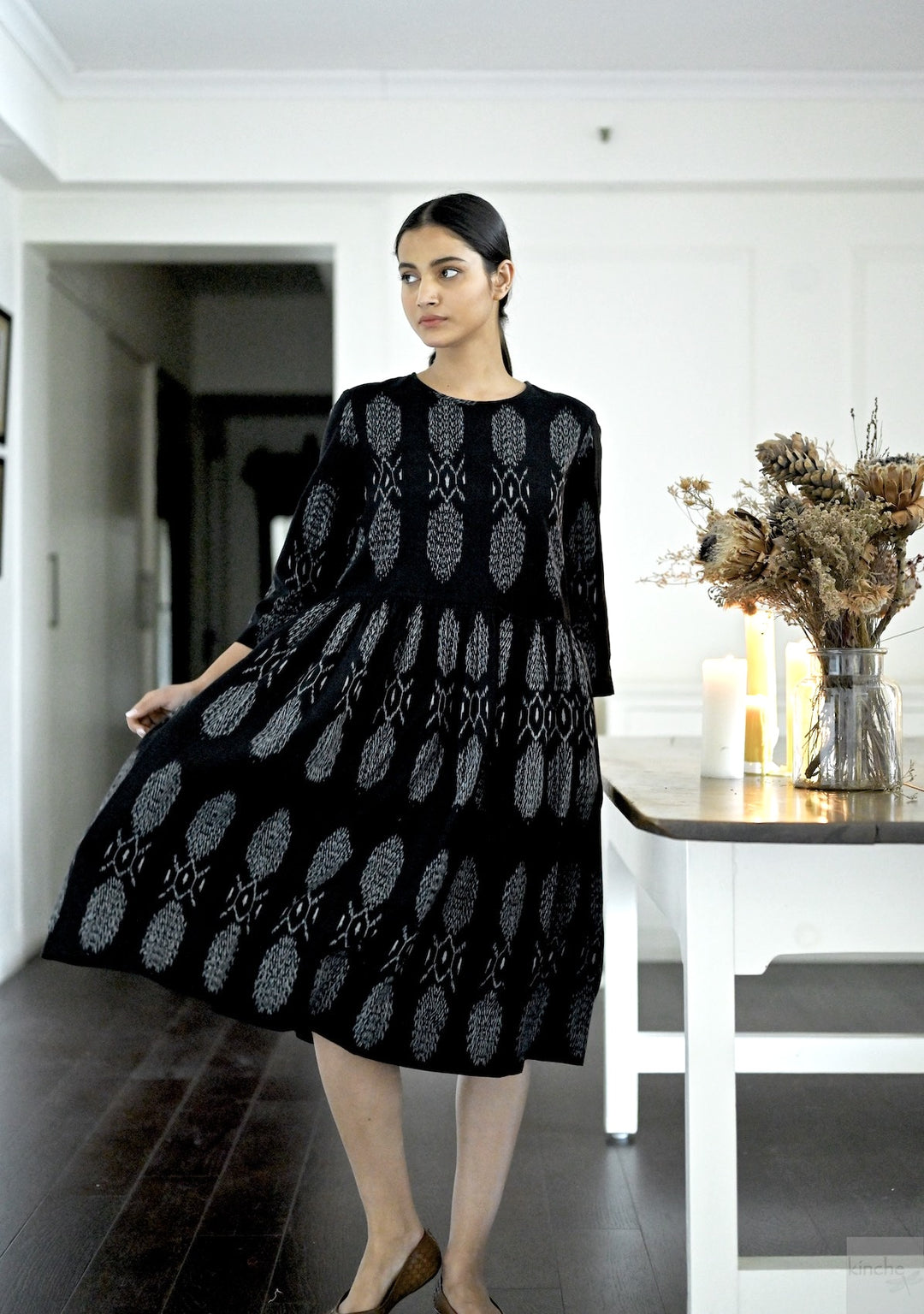 Asaka, Hand Woven Ikat Black Dress, with Pockets