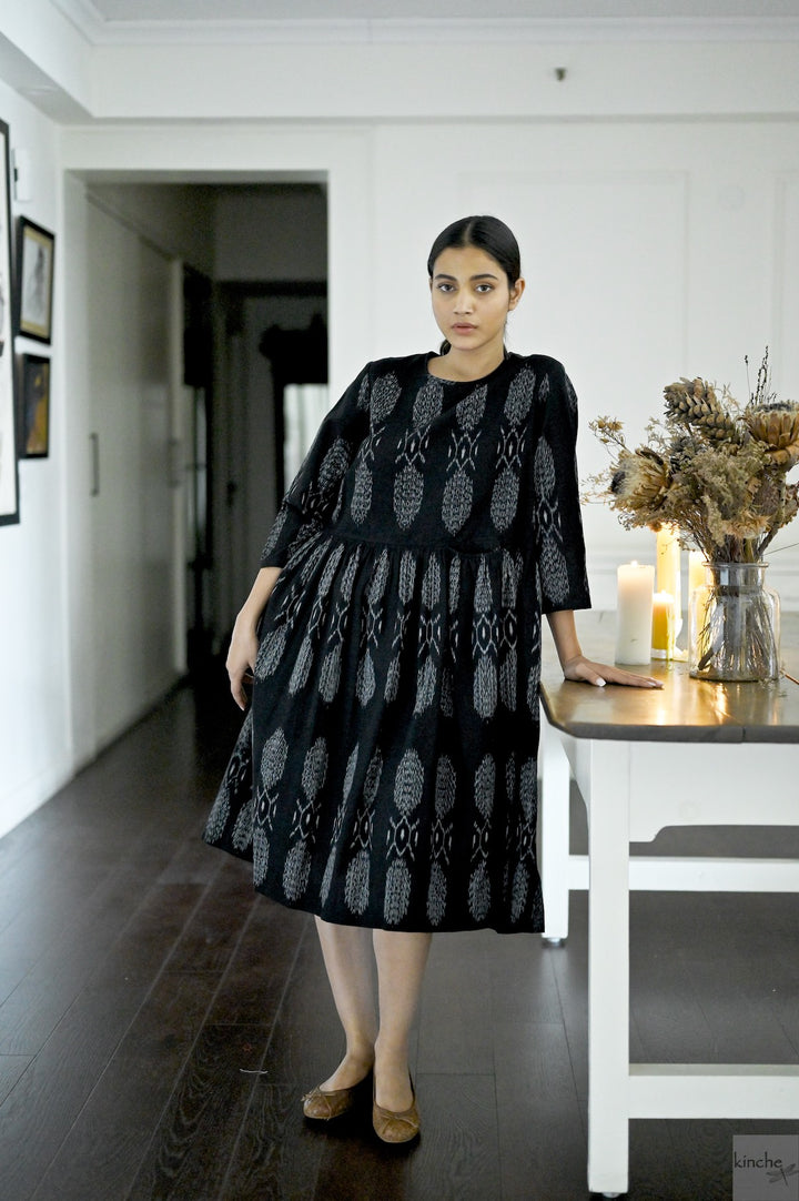 Asaka, Hand Woven Ikat Black Dress, with Pockets