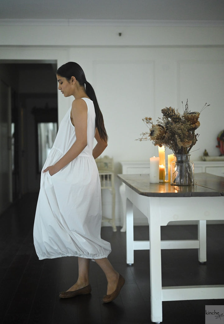 June, White Poplin Cocoon Dress, Handmade