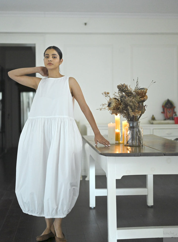 June, White Poplin Cocoon Dress, Handmade