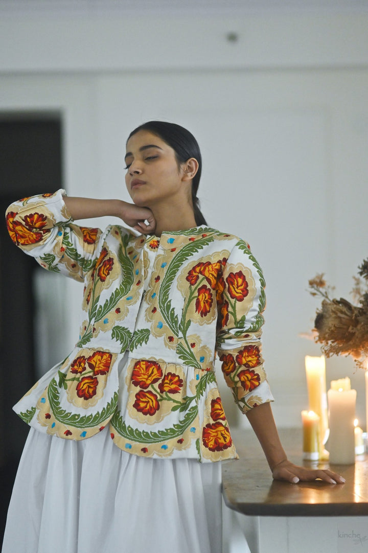 Ruth Sonam, Pure Gyasar Silk & Copper Zari, Short Peplum Jacket in White