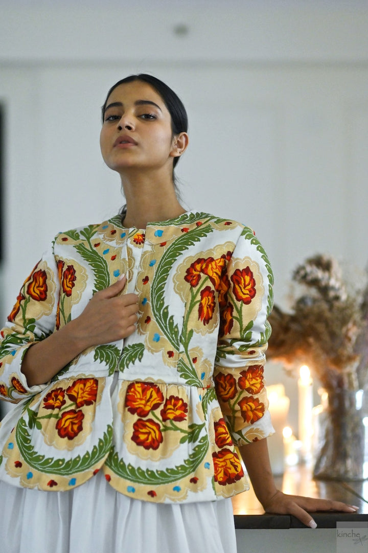 Ruth Sonam, Pure Gyasar Silk & Copper Zari, Short Peplum Jacket in White