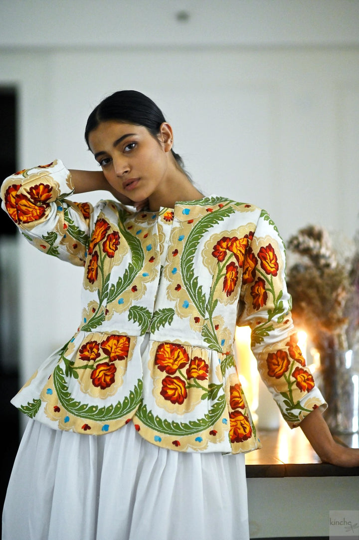 Ruth Sonam, Pure Gyasar Silk & Copper Zari, Short Peplum Jacket in White
