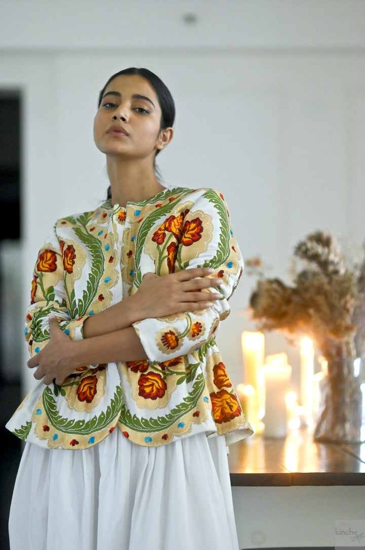 Ruth Sonam, Pure Gyasar Silk & Copper Zari, Short Peplum Jacket in White