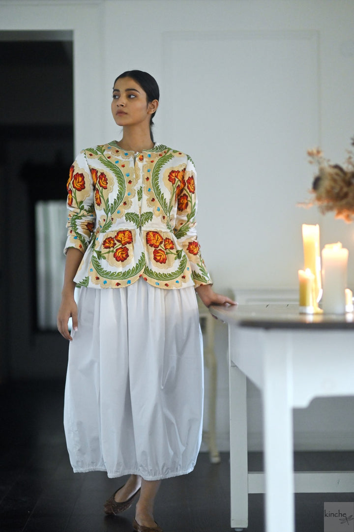 Ruth Sonam, Pure Gyasar Silk & Copper Zari, Short Peplum Jacket in White