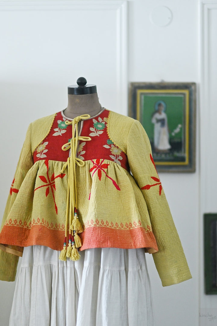 Chennai, Hand Crafted & Hand Embroidered Kantha Kediya Jacket in Yellow, Medium