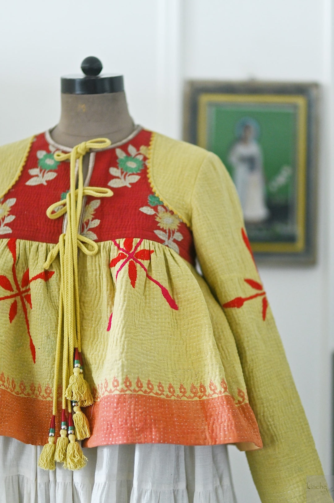 Chennai, Hand Crafted & Hand Embroidered Kantha Kediya Jacket in Yellow, Medium