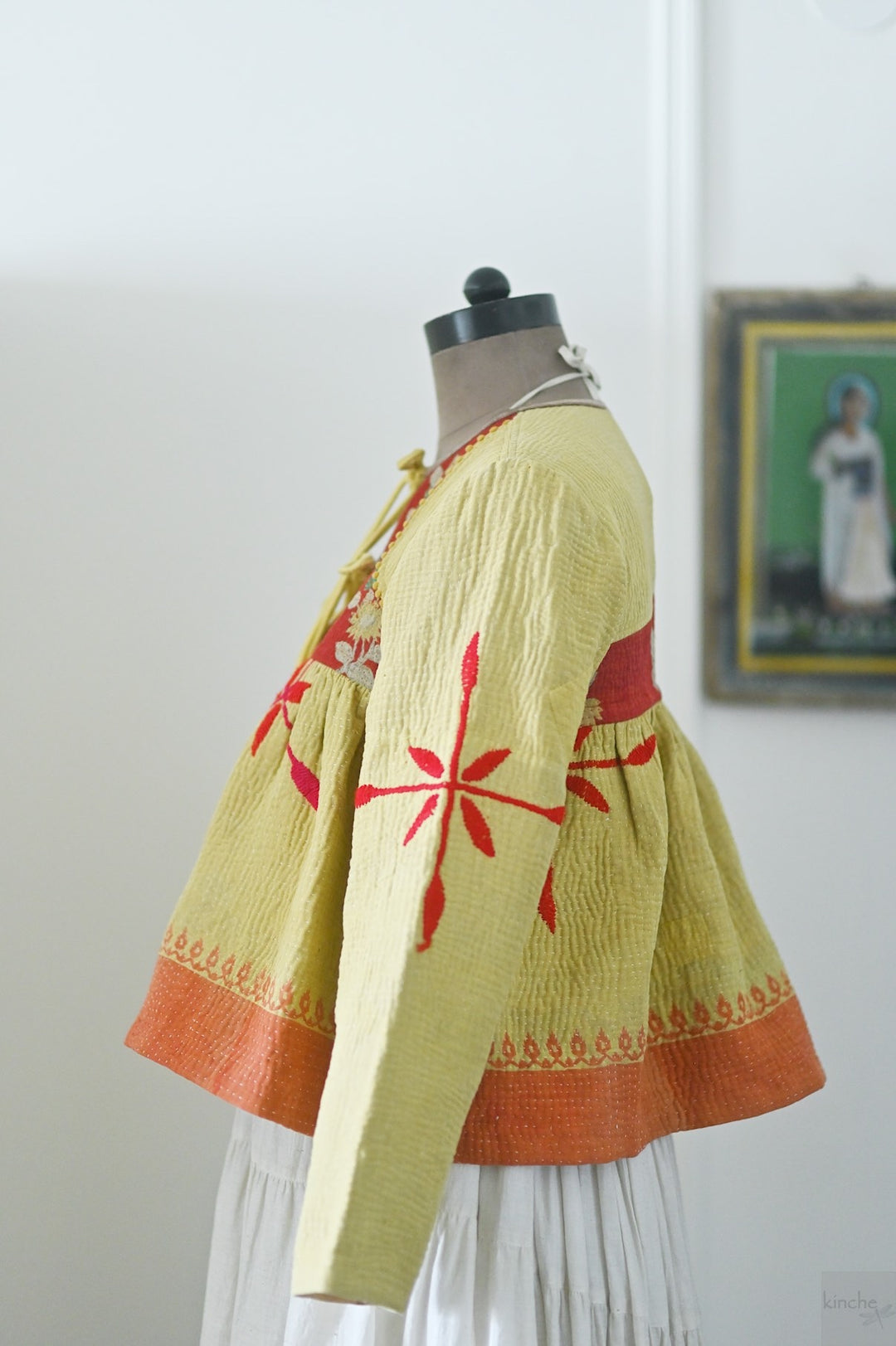 Chennai, Hand Crafted & Hand Embroidered Kantha Kediya Jacket in Yellow, Medium