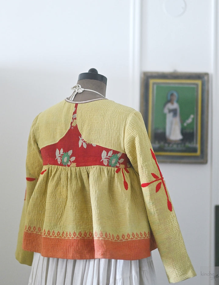 Chennai, Hand Crafted & Hand Embroidered Kantha Kediya Jacket in Yellow, Medium