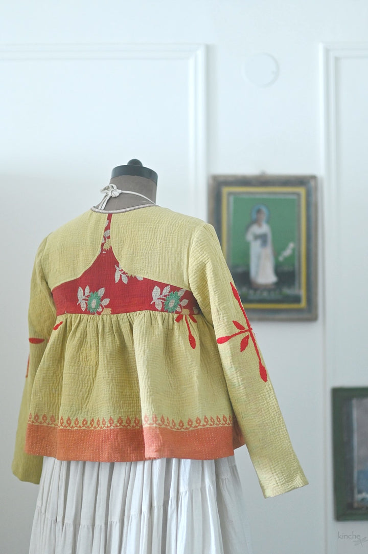 Chennai, Hand Crafted & Hand Embroidered Kantha Kediya Jacket in Yellow, Medium