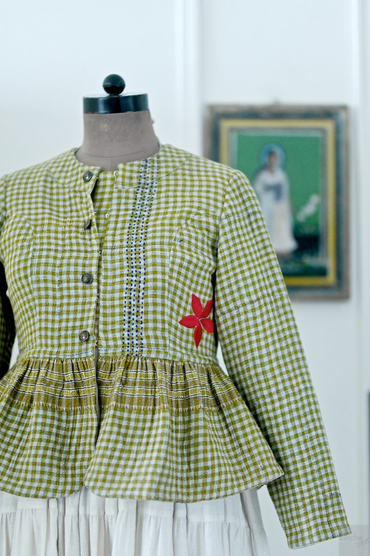 Nyara, One of a Kind, Hand Embroidered Peplum in Light Green, Medium