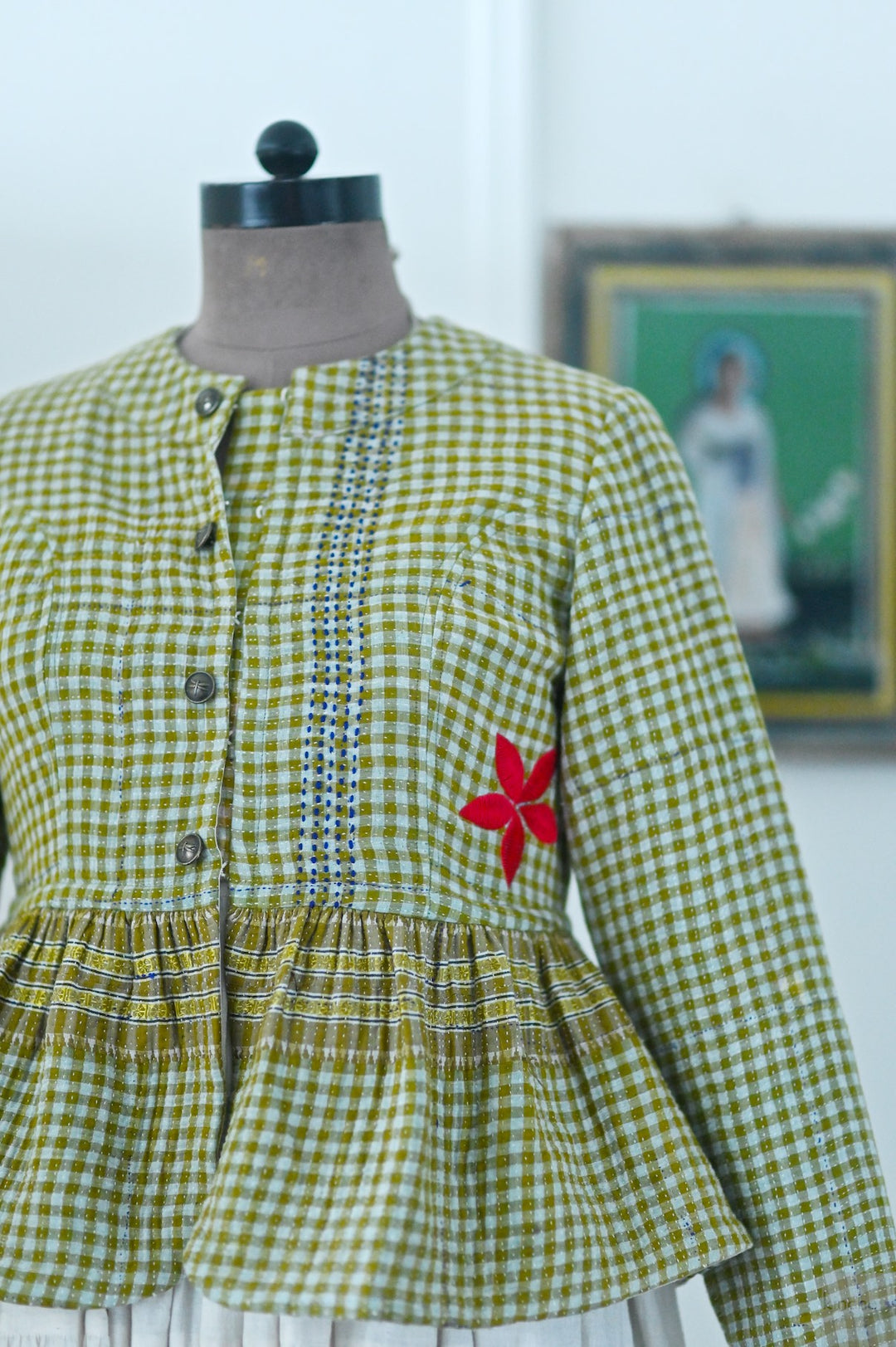 Nyara, One of a Kind, Hand Embroidered Peplum in Light Green, Medium
