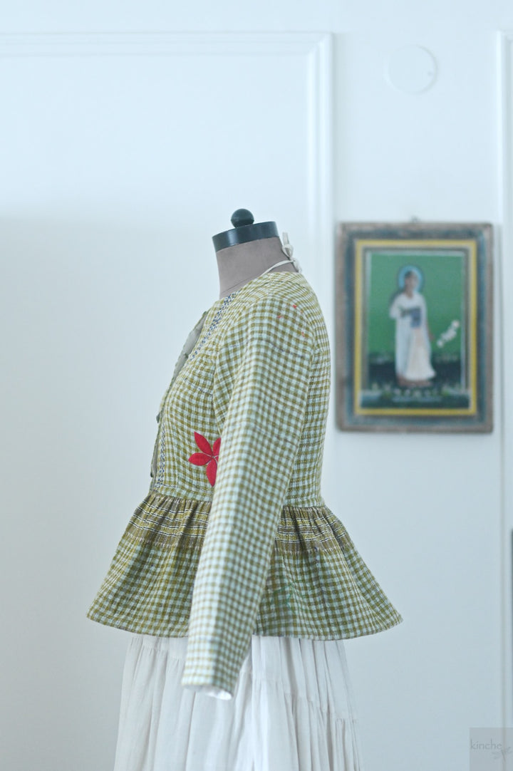 Nyara, One of a Kind, Hand Embroidered Peplum in Light Green, Medium