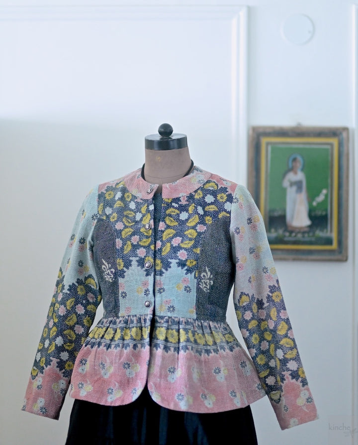 Muna, One of a Kind, Hand Embroidered Peplum in Black Pink & Grey