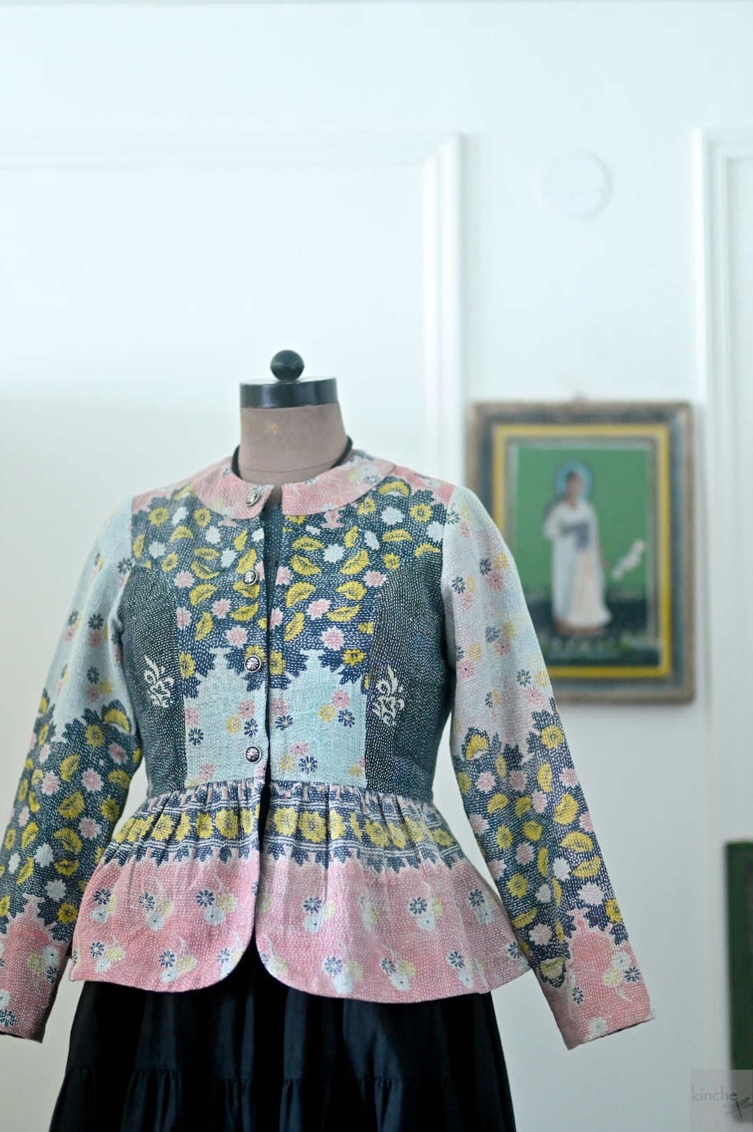 Muna, One of a Kind, Hand Embroidered Peplum in Black Pink & Grey