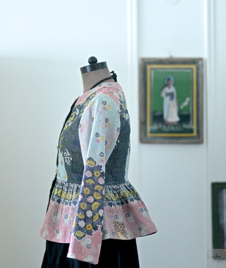 Muna, One of a Kind, Hand Embroidered Peplum in Black Pink & Grey