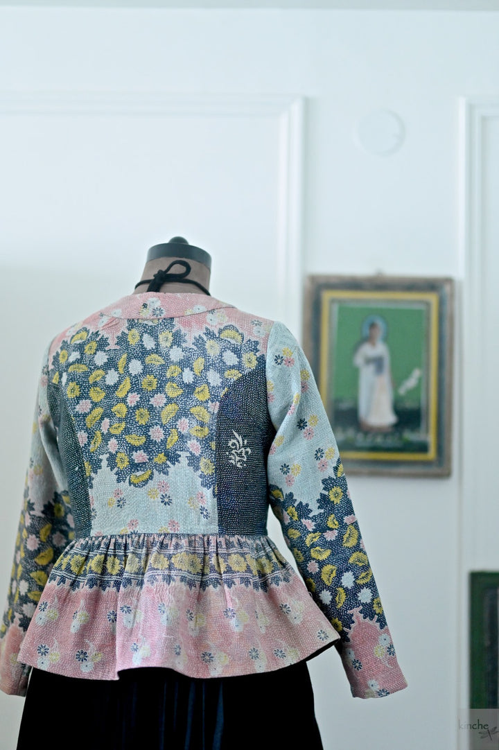 Muna, One of a Kind, Hand Embroidered Peplum in Black Pink & Grey