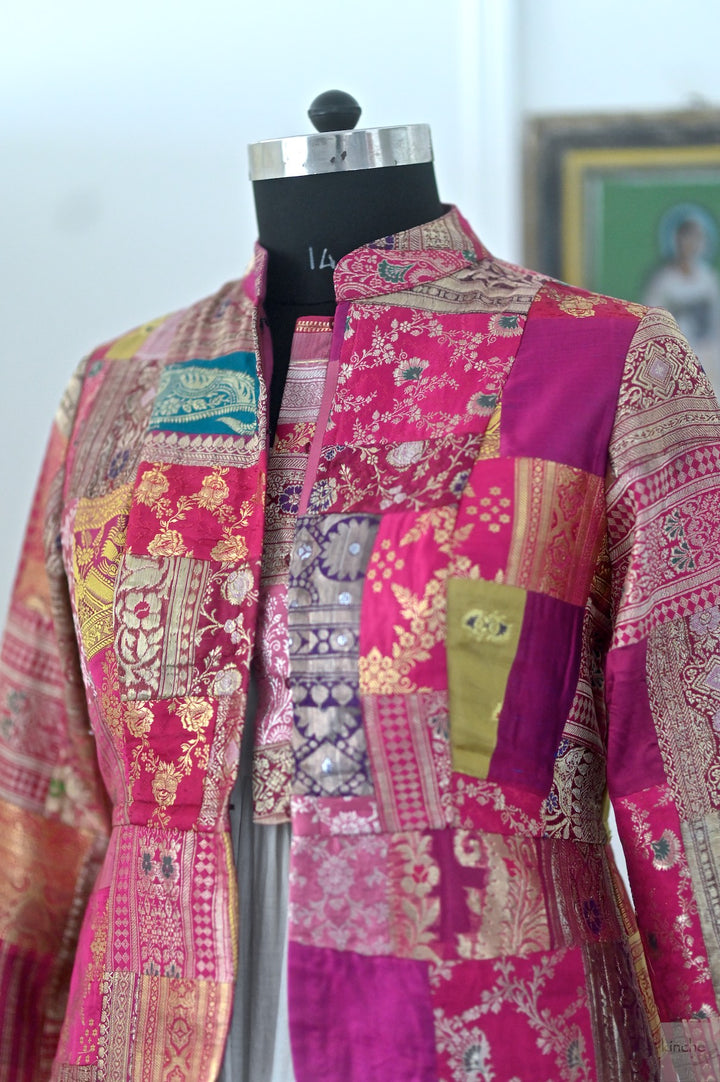 Large, Sangam 16, Patchwork, Brocade Silk  Saree, Up Cycled Short Jacket