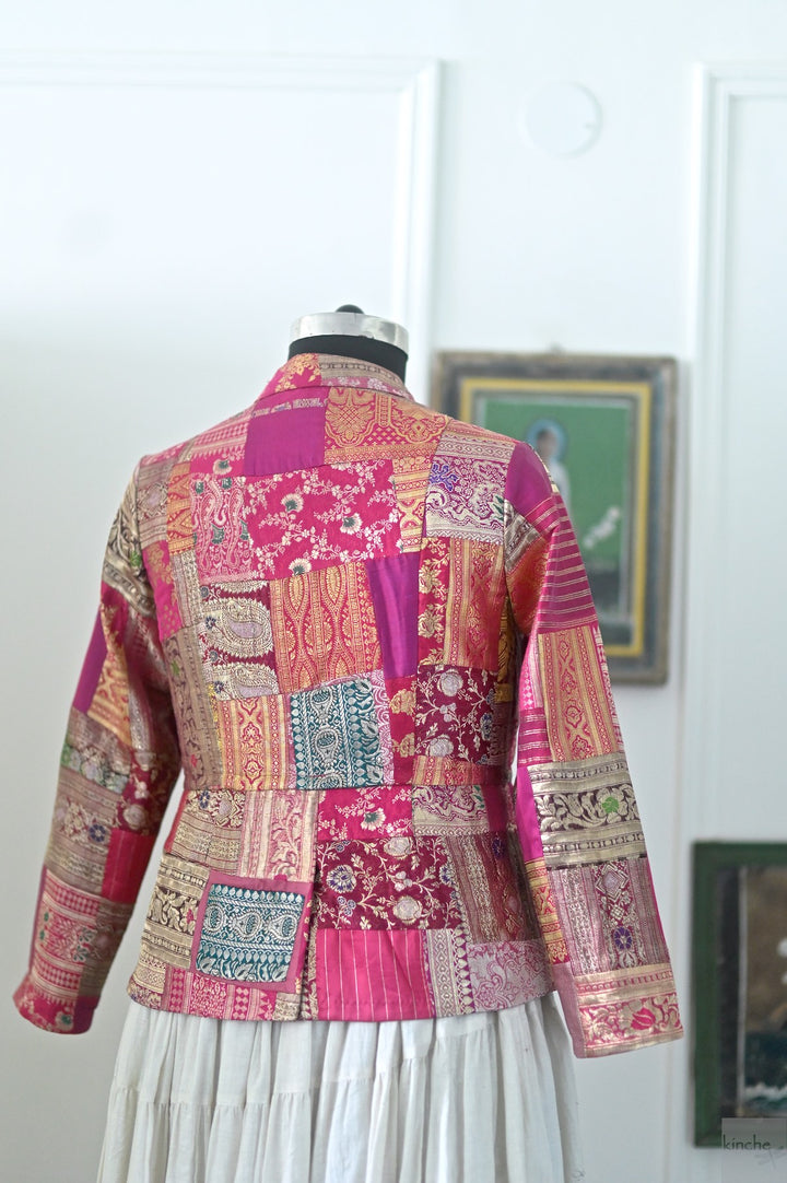 Large, Sangam 16, Patchwork, Brocade Silk  Saree, Up Cycled Short Jacket