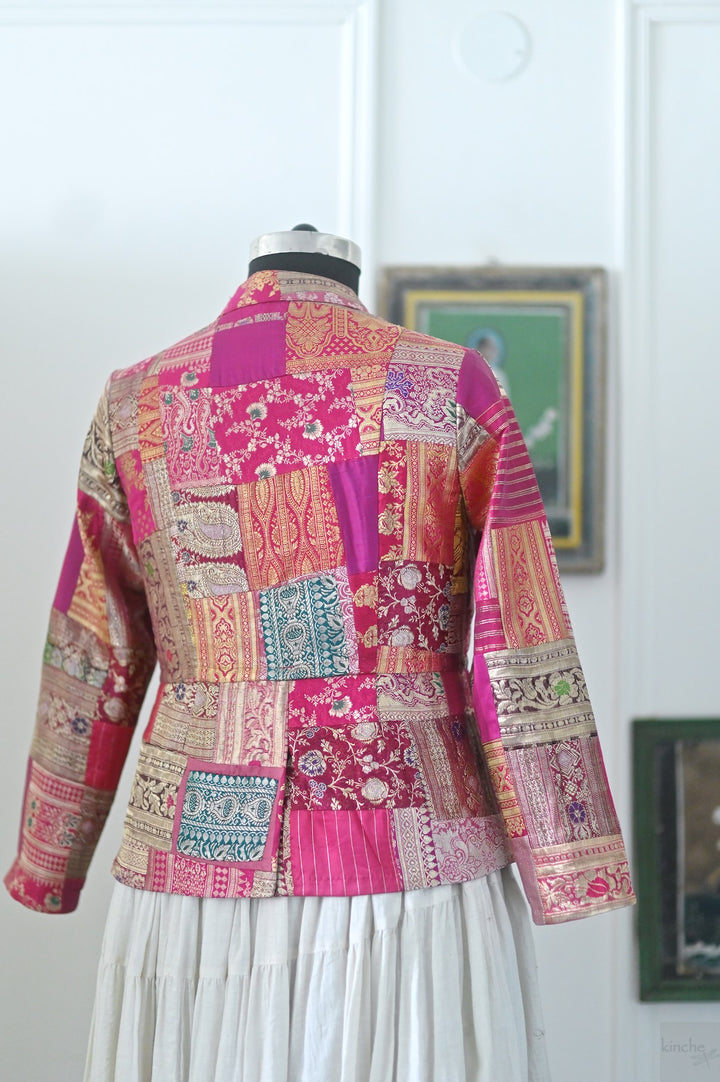 Large, Sangam 16, Patchwork, Brocade Silk  Saree, Up Cycled Short Jacket