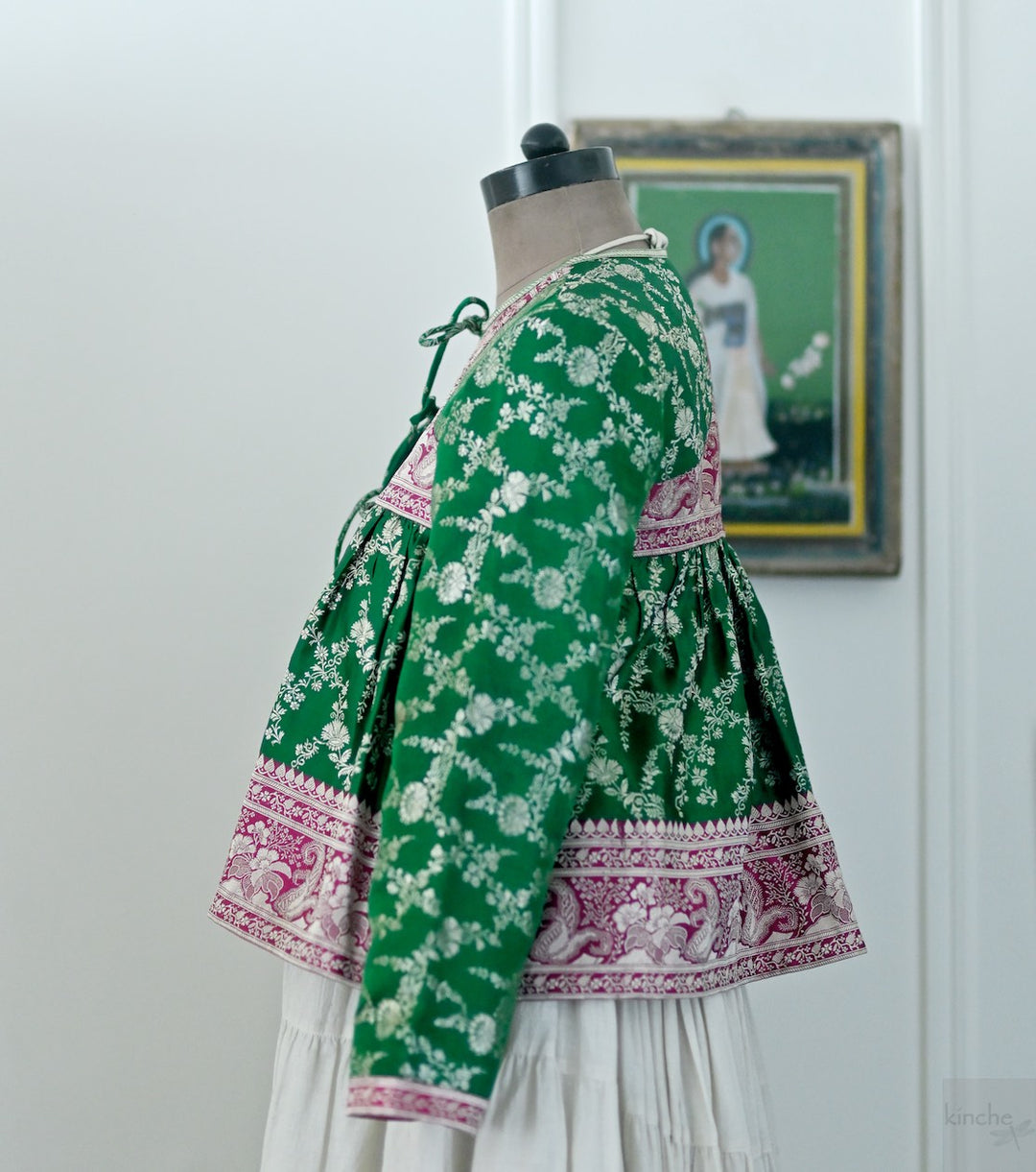 Disha, Handmade, Vintage Silk Saree Kediya Emerald Green & Fuchsia , Medium
