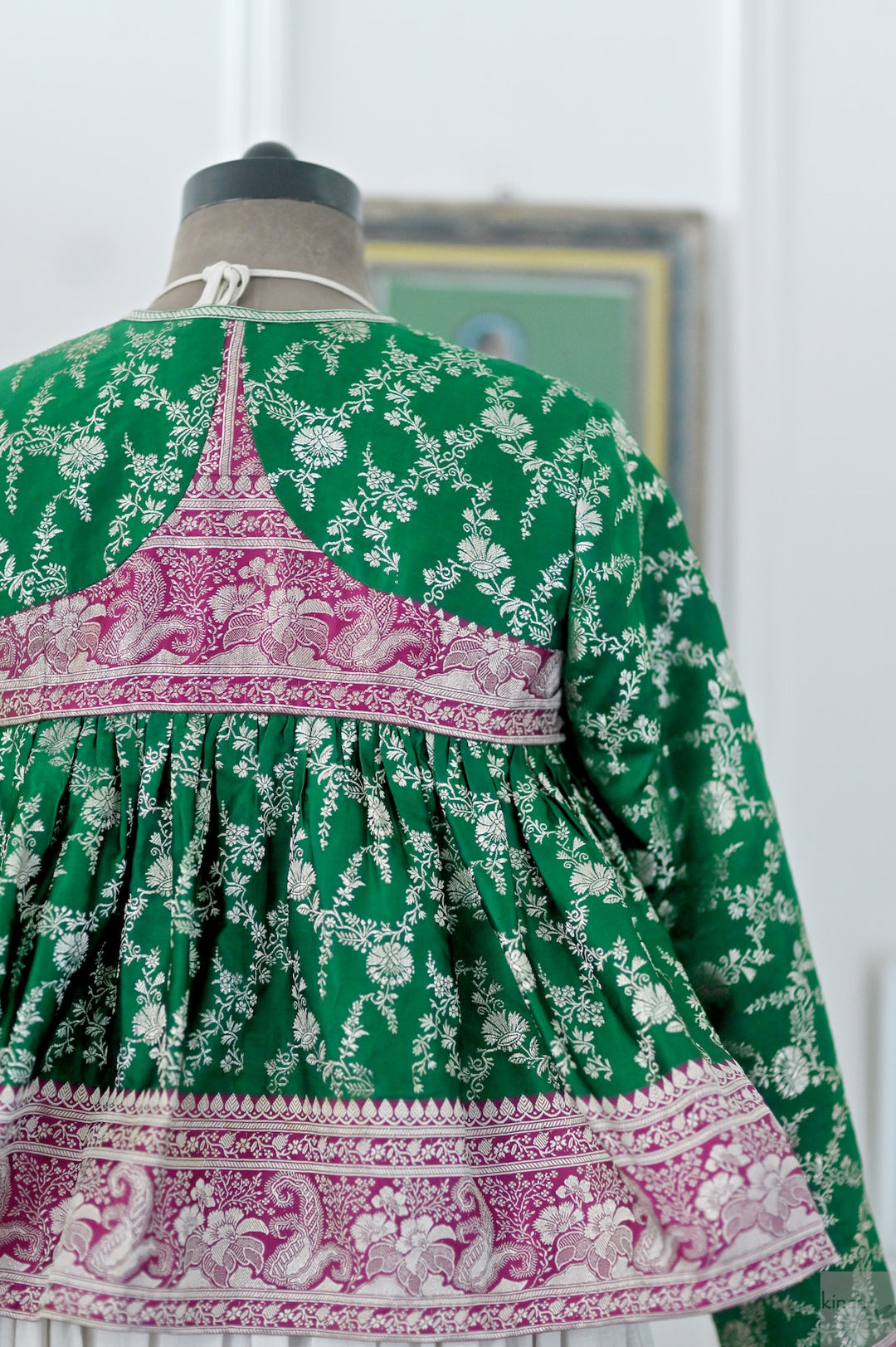 Disha, Handmade, Vintage Silk Saree Kediya Emerald Green & Fuchsia , Medium
