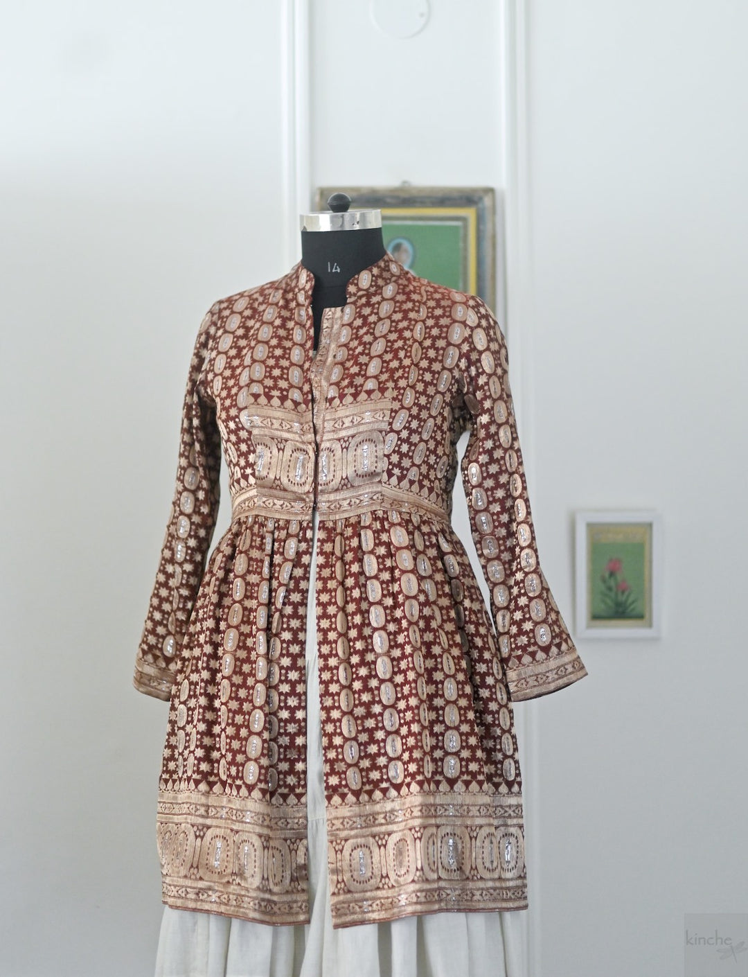 Rewa, Vintage Zari Saree Long Jacket in Deep Red and Gold, Large **kinche Rare