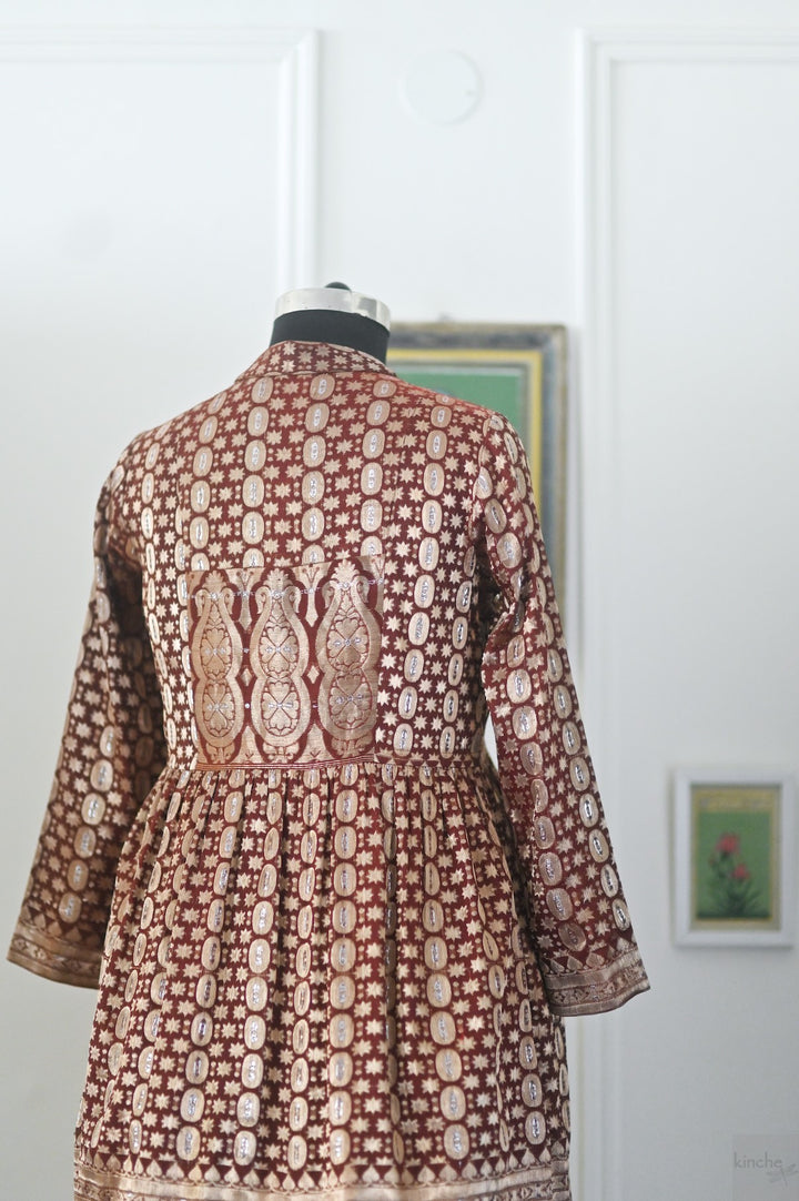 Rewa, Vintage Zari Saree Long Jacket in Deep Red and Gold, Large **kinche Rare