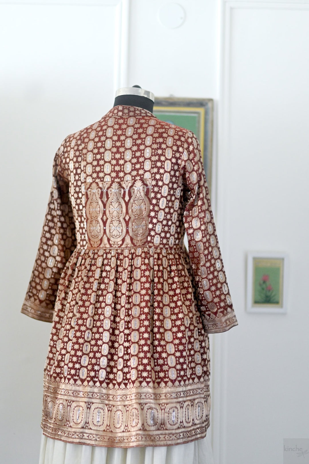Rewa, Vintage Zari Saree Long Jacket in Deep Red and Gold, Large **kinche Rare