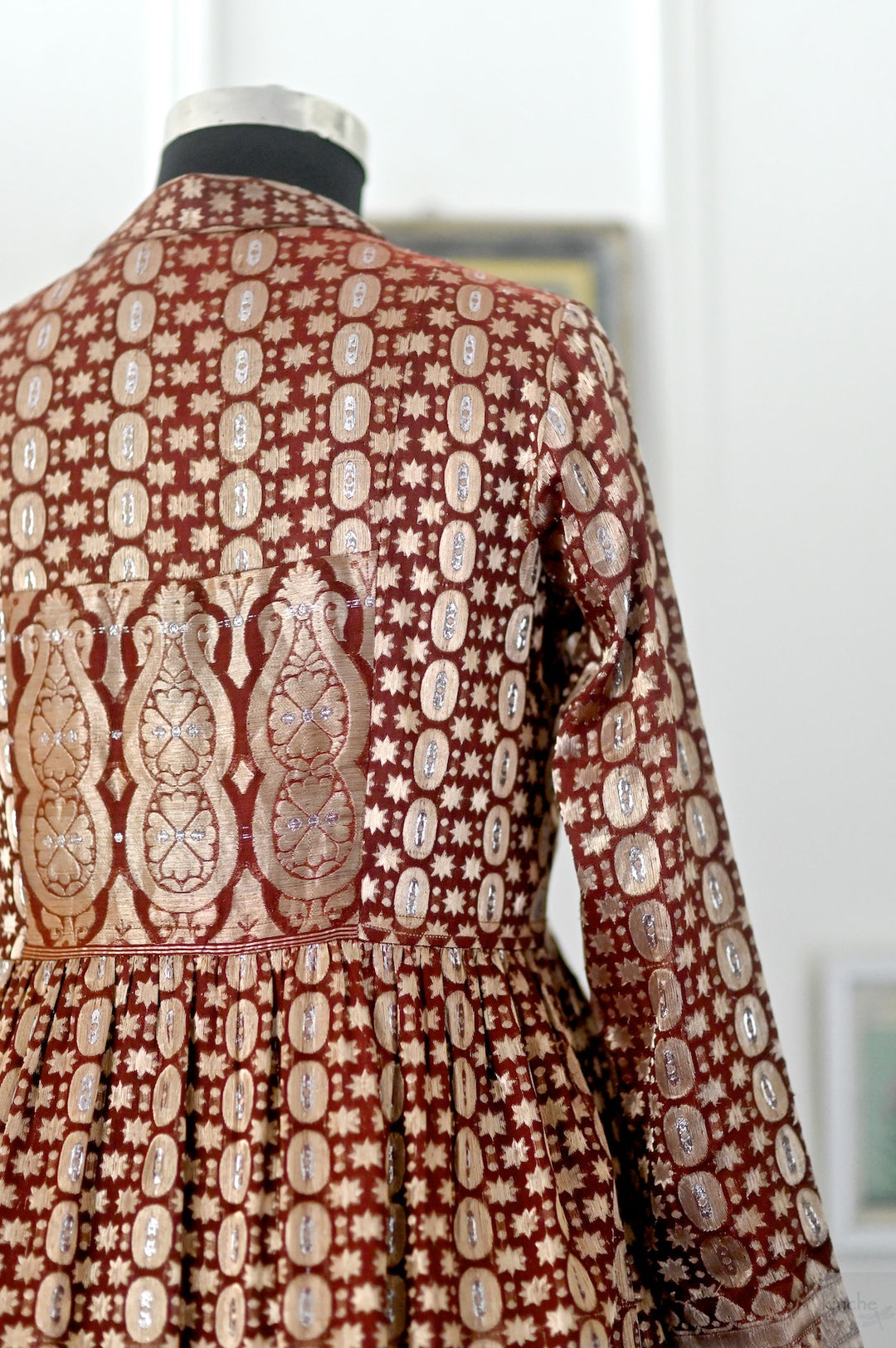 Rewa, Vintage Zari Saree Long Jacket in Deep Red and Gold, Large **kinche Rare