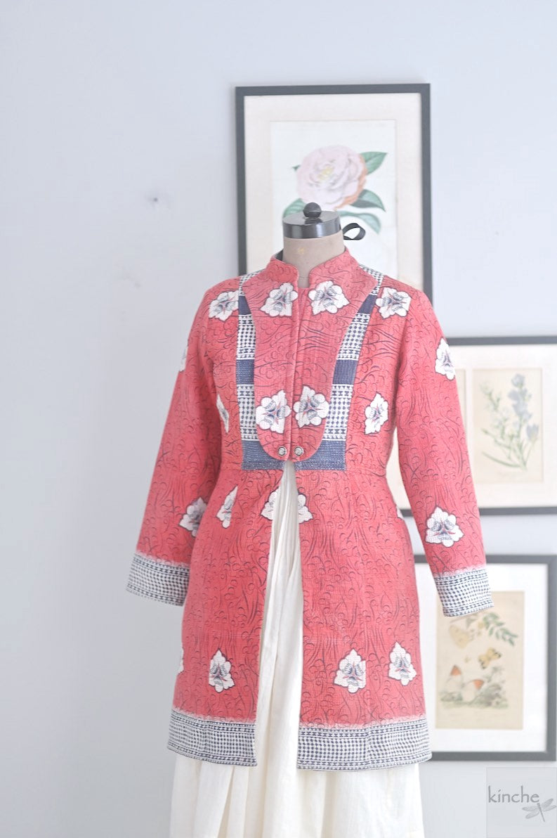 Size Medium, Moa, Sustainably made Kantha Long Coat/Jacket in Dark Pink