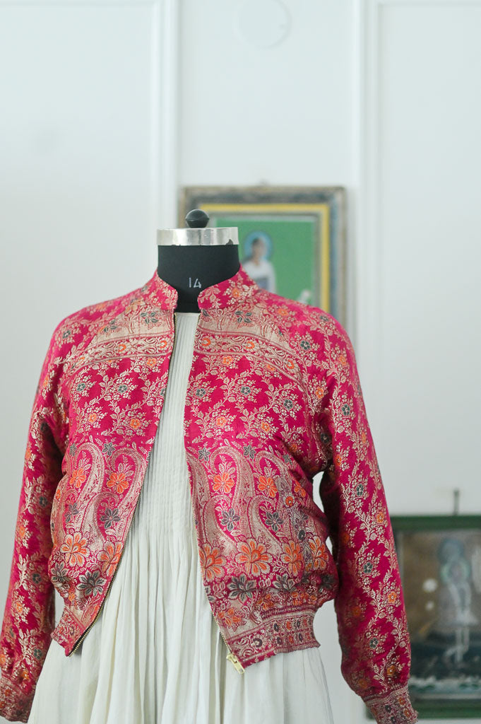 Ahira, Vintage Katan Silk saree Up Cycled Bomber in Fuschia