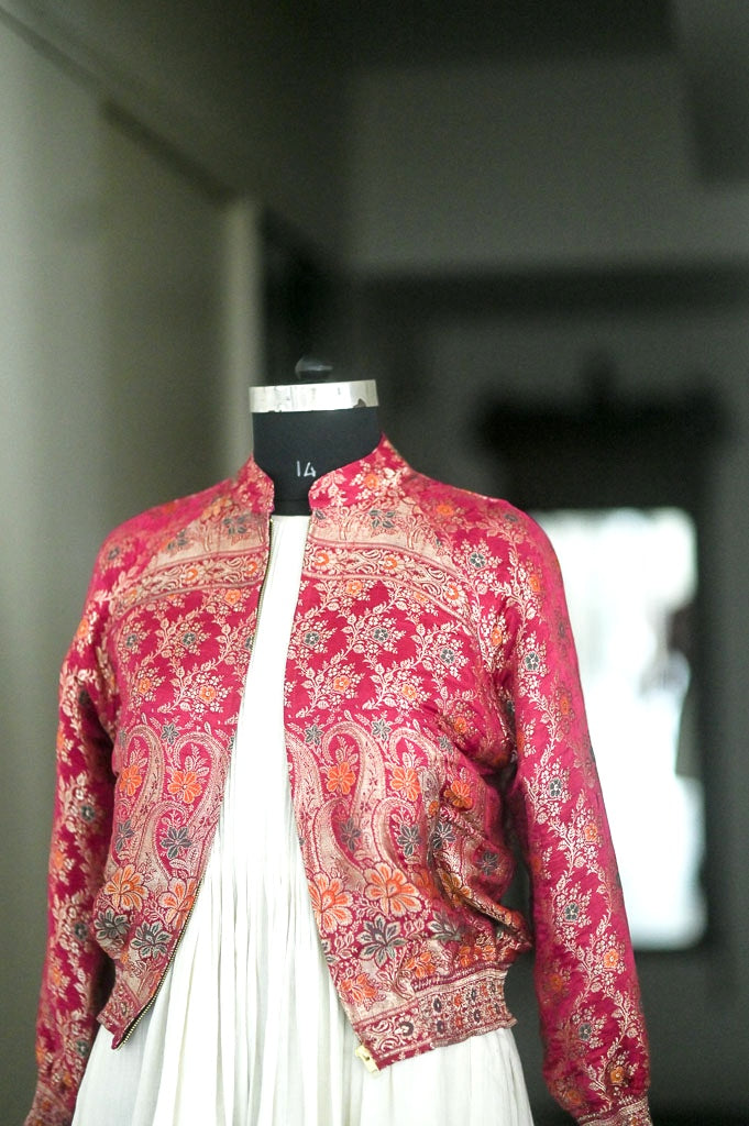 Ahira, Vintage Katan Silk saree Up Cycled Bomber in Fuschia