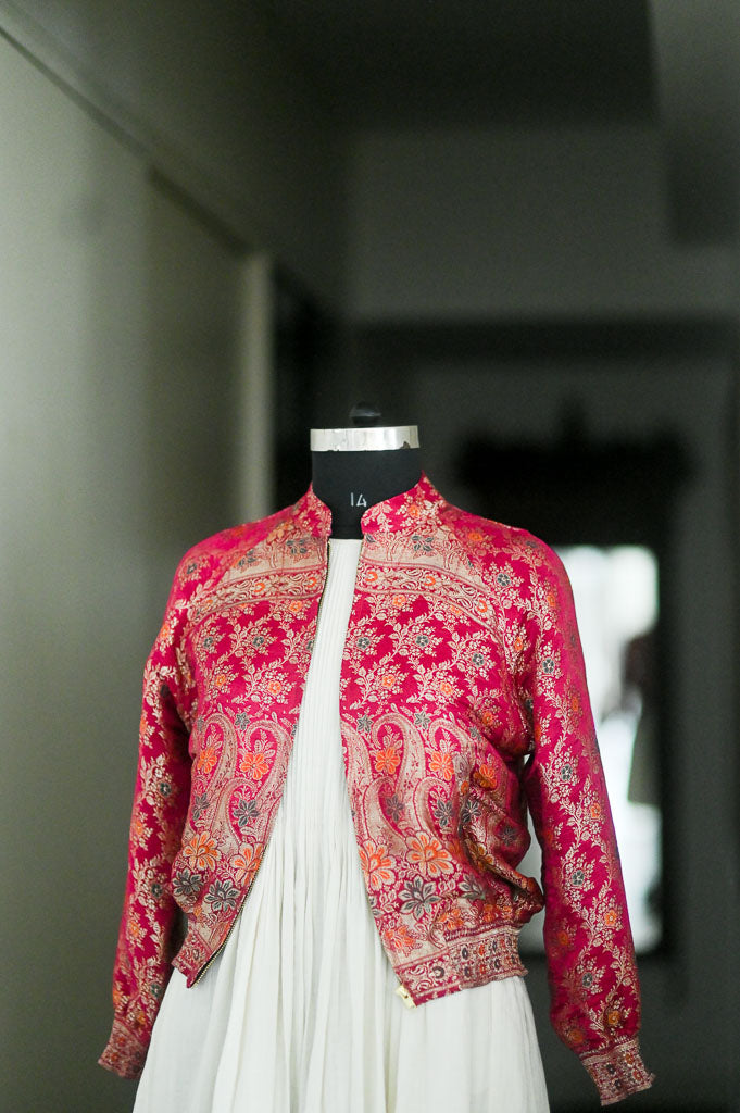 Ahira, Vintage Katan Silk saree Up Cycled Bomber in Fuschia