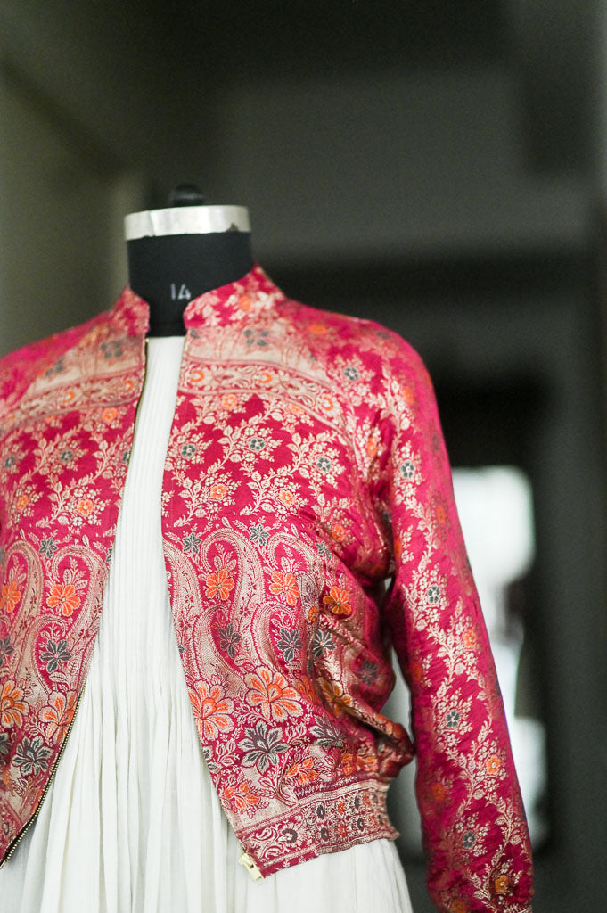 Ahira, Vintage Katan Silk saree Up Cycled Bomber in Fuschia
