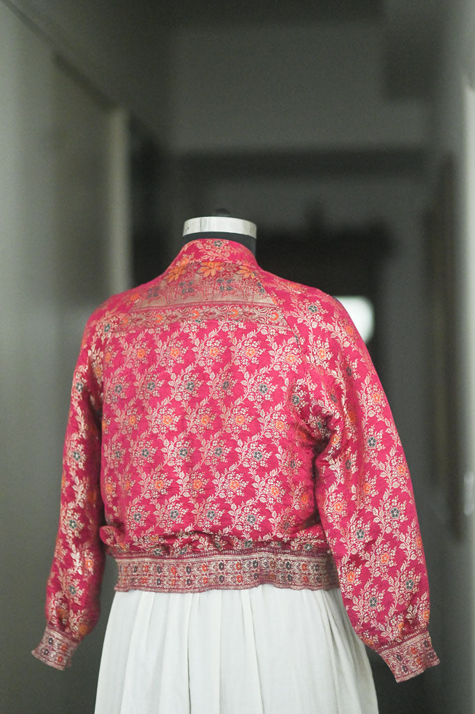 Ahira, Vintage Katan Silk saree Up Cycled Bomber in Fuschia