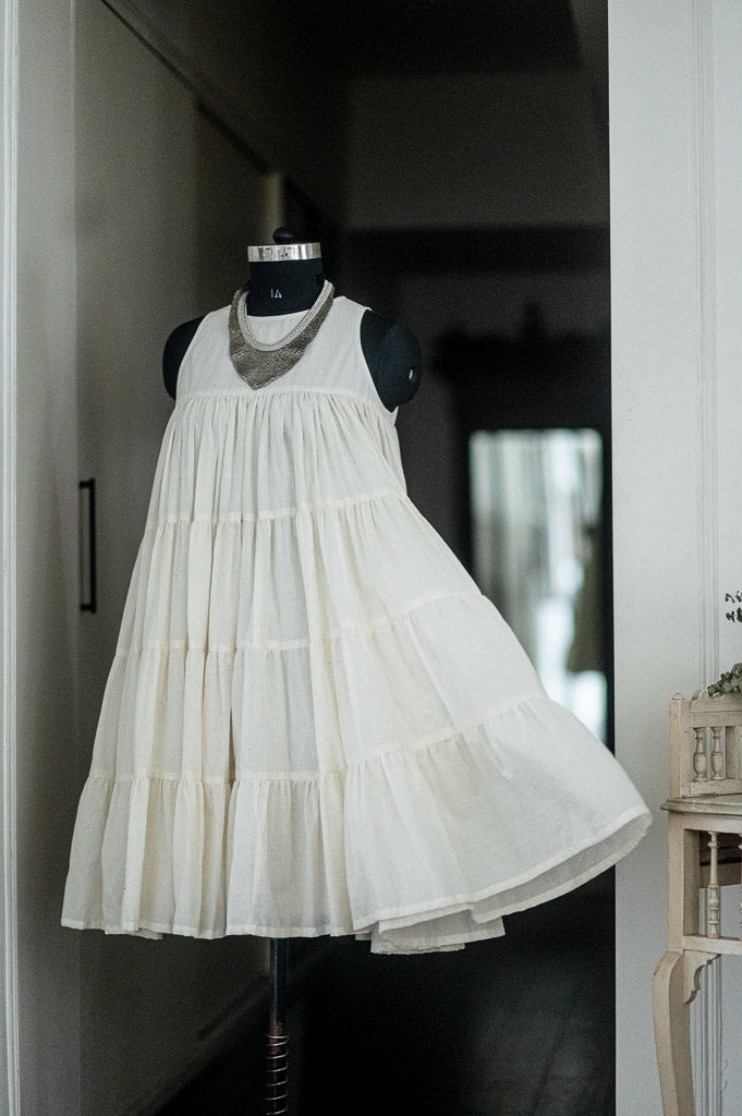 Ekaa, Off White Muti layer, flared Khadi Dress with Lining