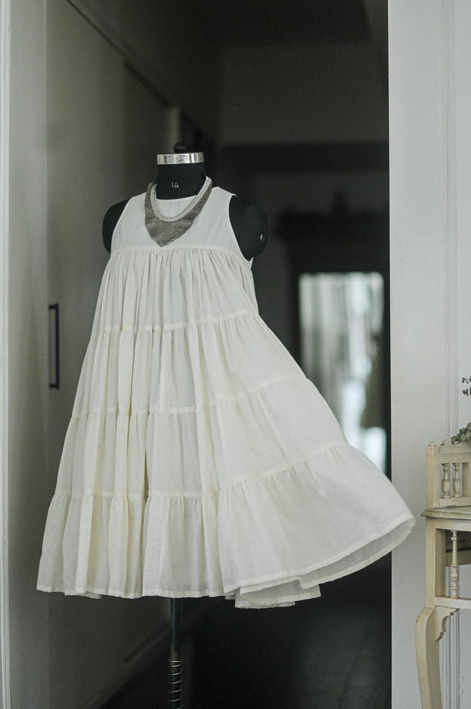 Ekaa, Off White Muti layer, flared Khadi Dress with Lining