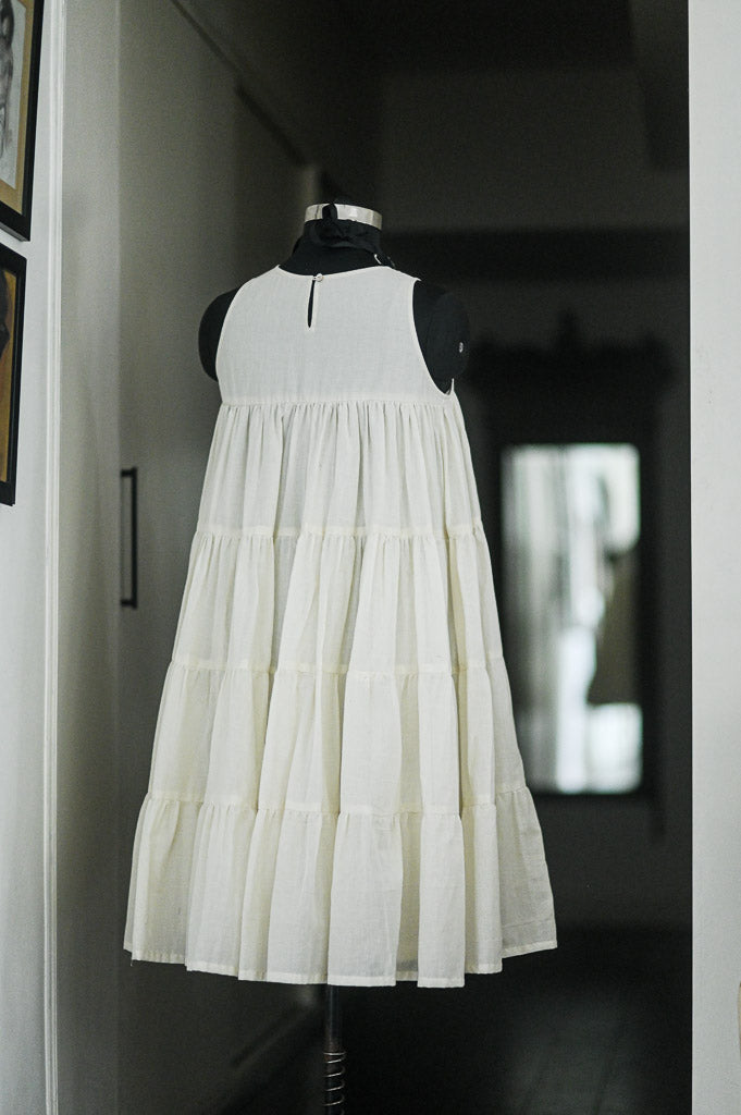 Ekaa, Off White Muti layer, flared Khadi Dress with Lining
