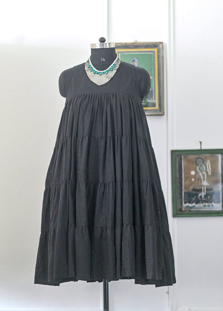 Ekaa, Black Muti layer, flared Khadi Dress with Lining
