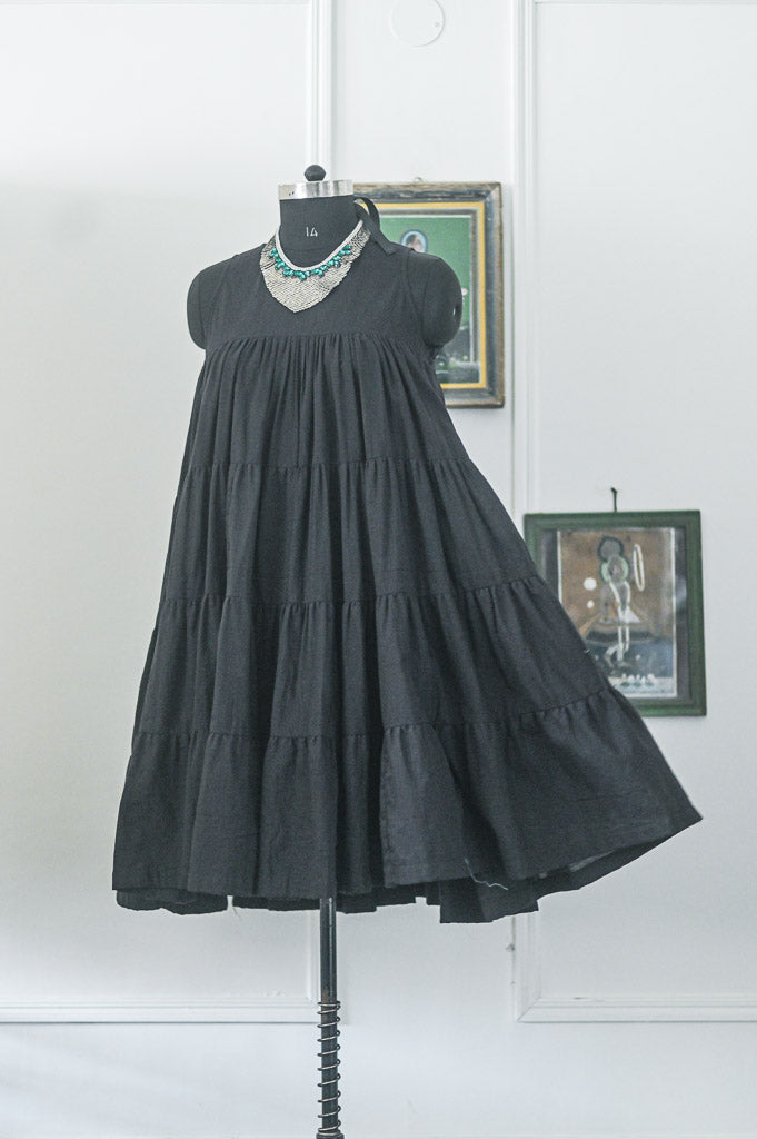 Ekaa, Black Muti layer, flared Khadi Dress with Lining