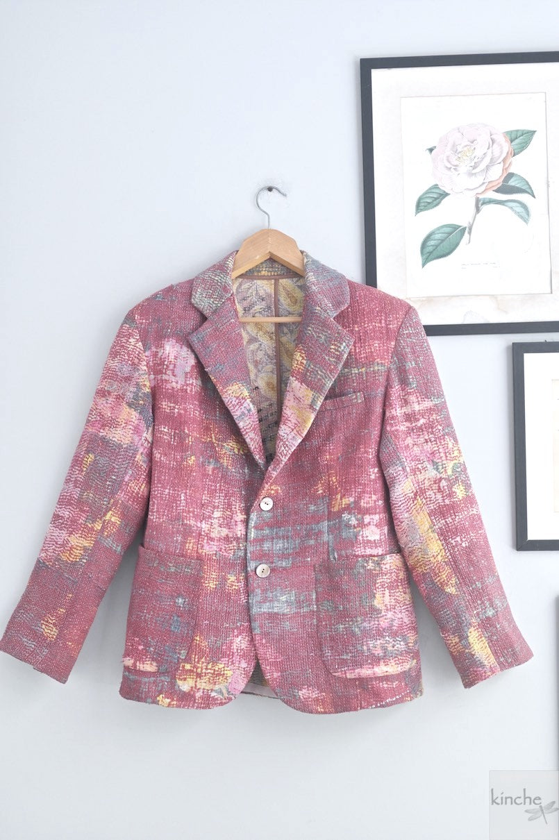 Ezra, Chest 42 Inches, XL, Distressed Vintage Fabric Kantha Blazer for Men - kinchecom