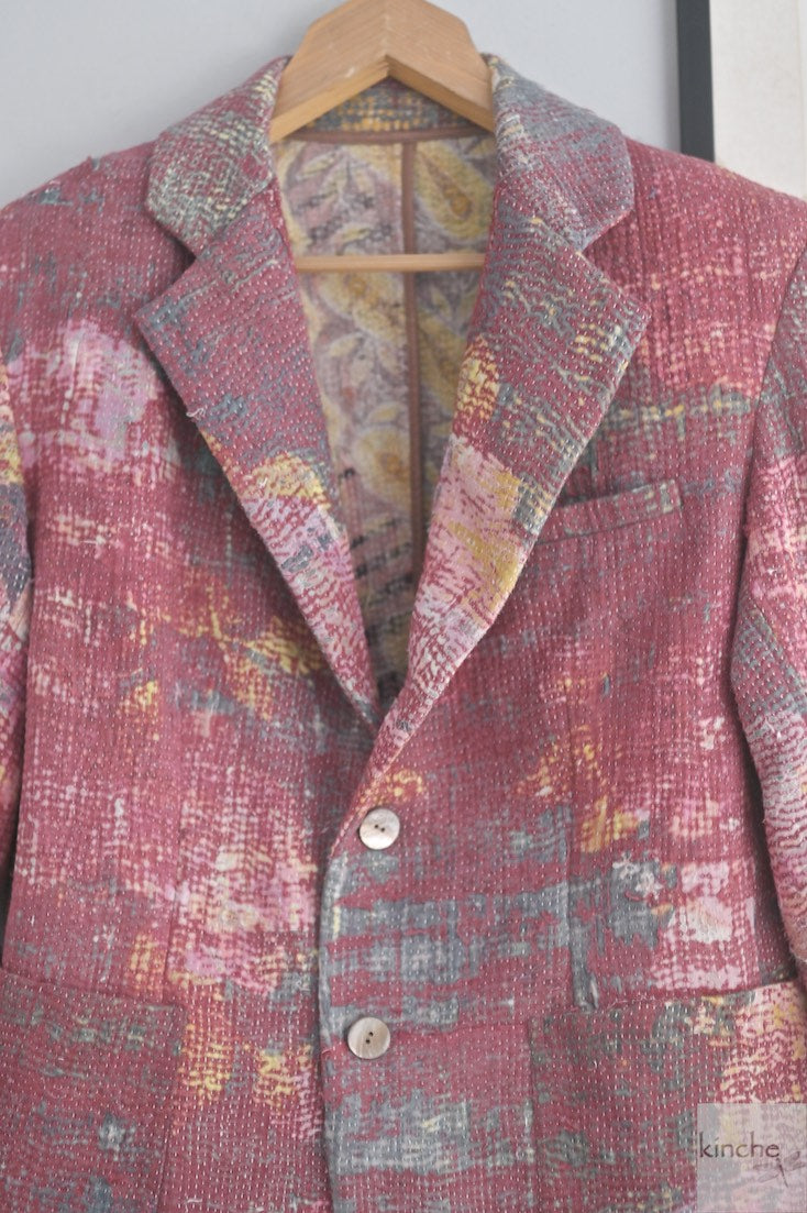 Ezra, Chest 42 Inches, XL, Distressed Vintage Fabric Kantha Blazer for Men - kinchecom