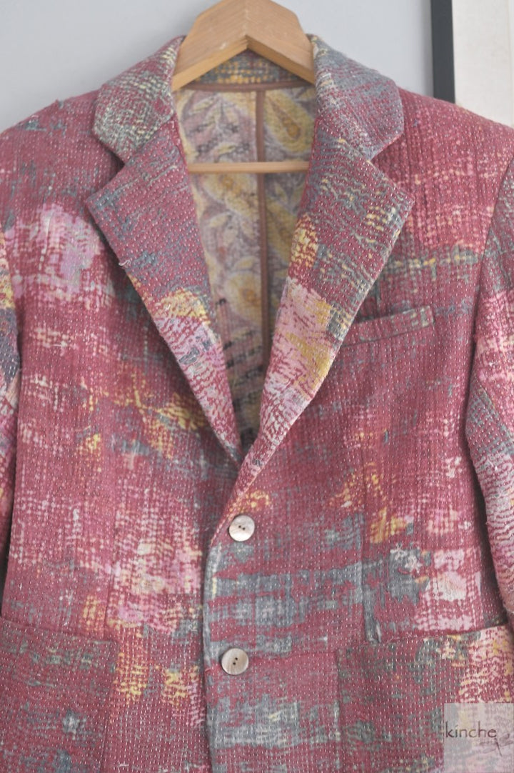 Ezra, Chest 42 Inches, XL, Distressed Vintage Fabric Kantha Blazer for Men - kinchecom