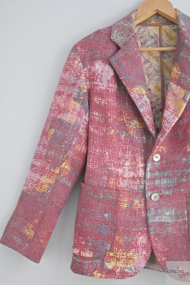 Ezra, Chest 42 Inches, XL, Distressed Vintage Fabric Kantha Blazer for Men - kinchecom
