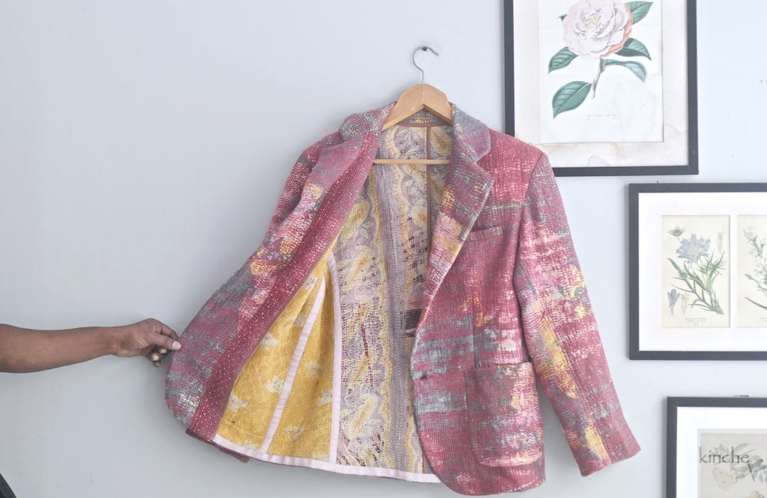 Ezra, Chest 42 Inches, XL, Distressed Vintage Fabric Kantha Blazer for Men - kinchecom